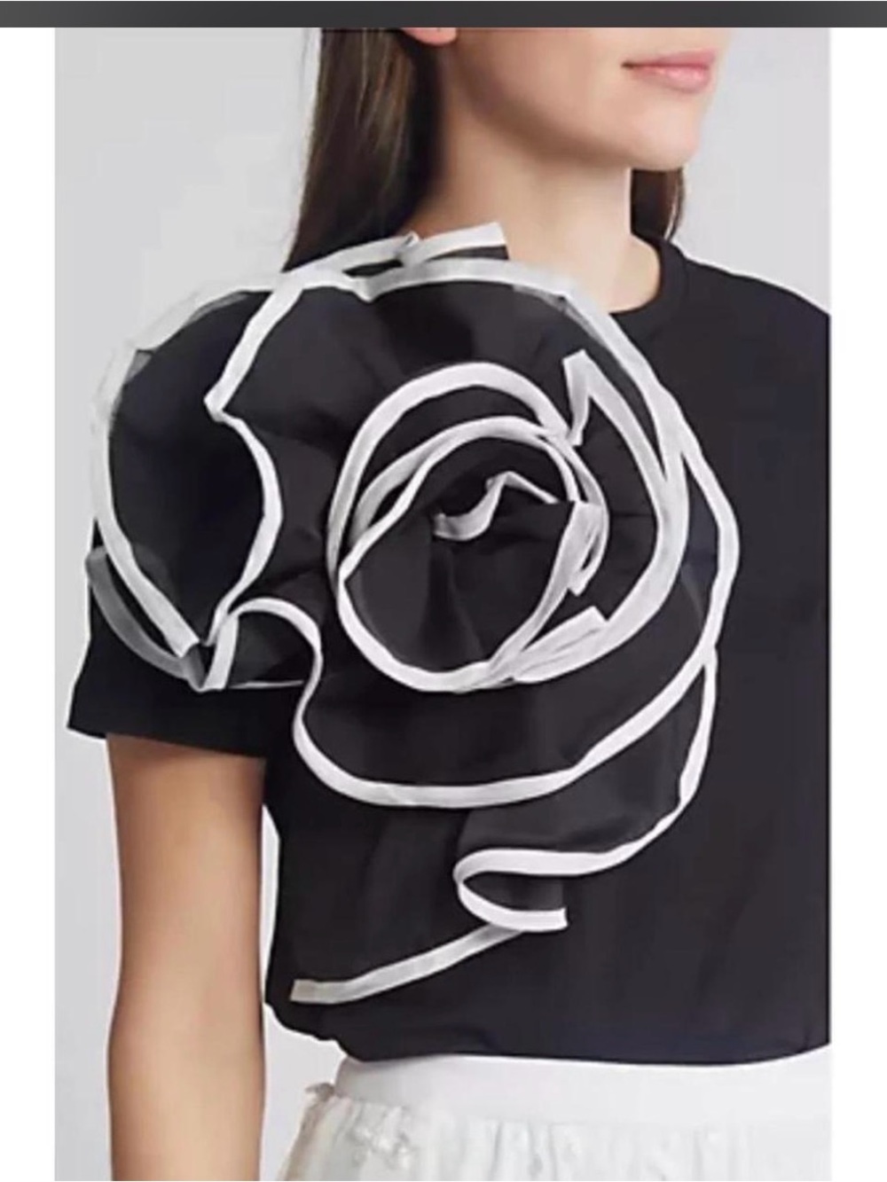 Black Short-Sleeve Top with Sculpted White-Trim Rose Detail